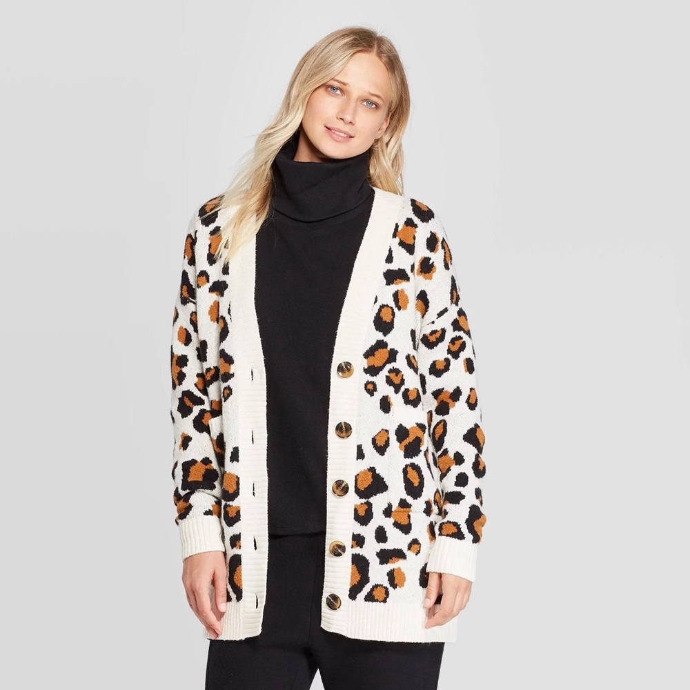 Who What Wear Leopard Print Long Sleeve Boyfriend Cardigan Sweater Size Large